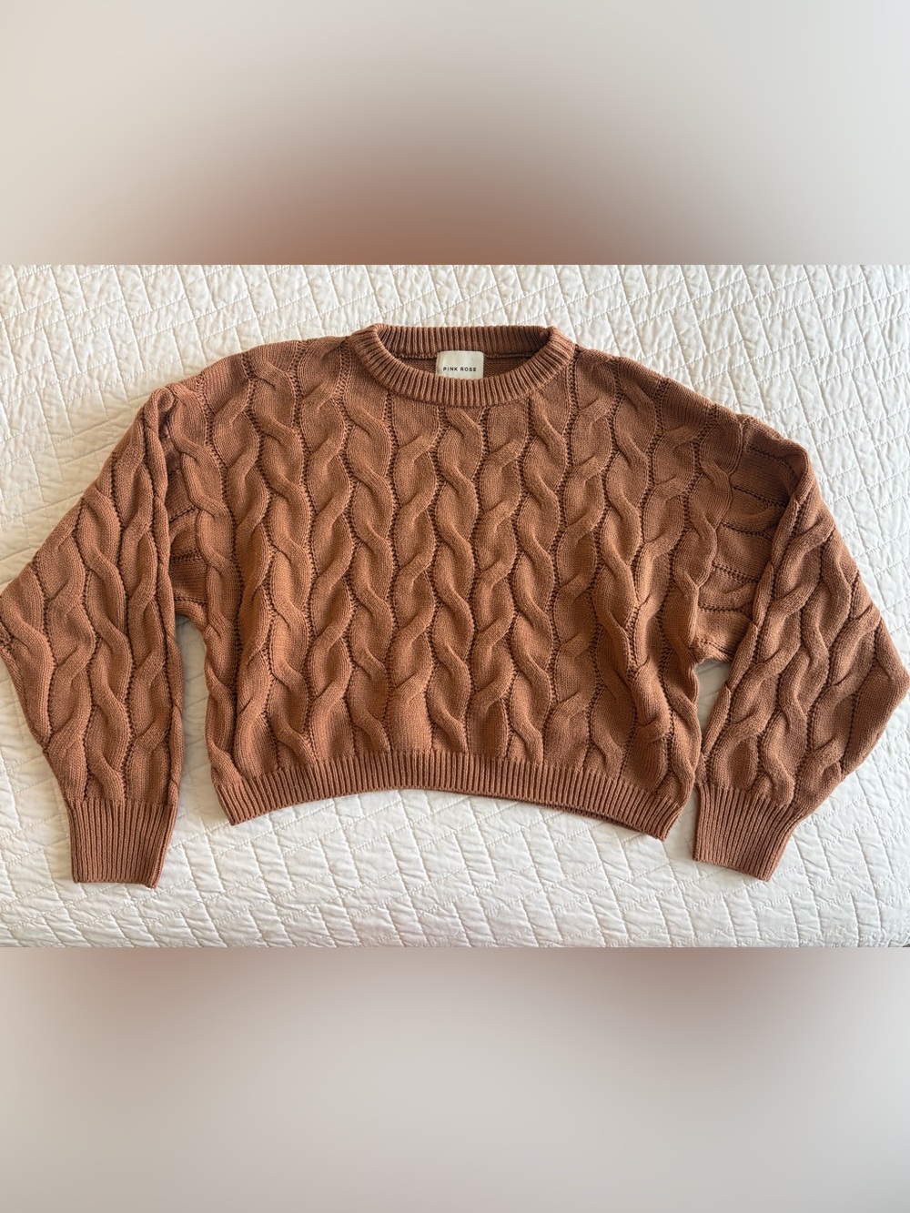 Pink Rose Cable Knit Cropped Sweater - Rust